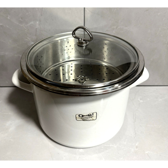 Vintage Chantal 9 Qt Stockpot w/ Steamer Insert #33-240S White Enamel Germany - Picture 10 of 10
